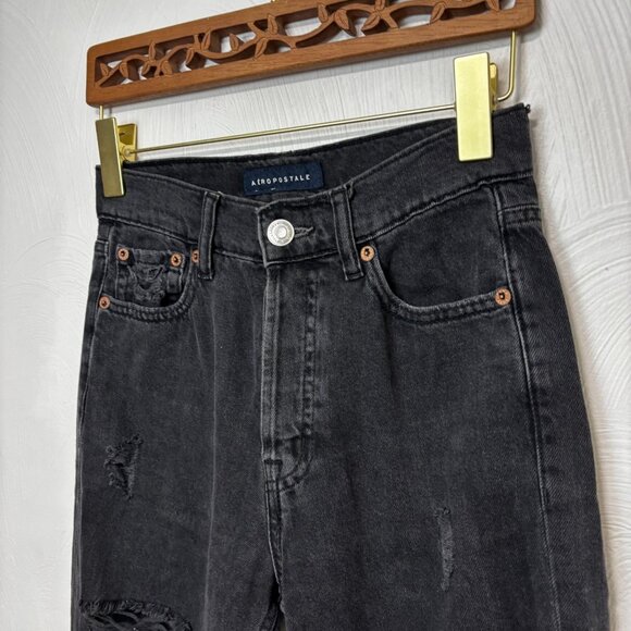 Aeropostale 90s Baggy Jeans Black Solid Dark Wash Distressed High Rise Womens 00 - Picture 2 of 7